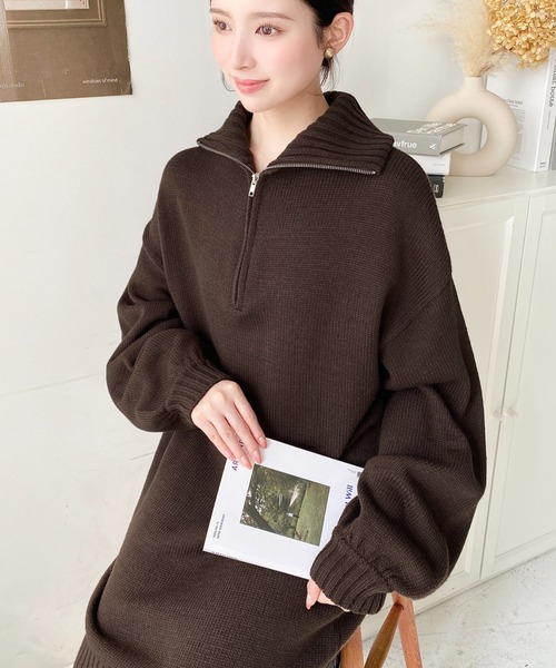 セール】6G ハーフジップニットワンピース（ワンピース）｜moment+