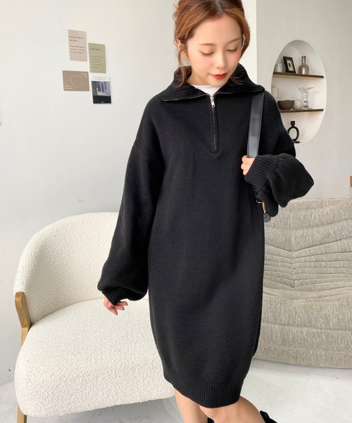 moment+（モーメントプラス）の「6G ハーフジップニットワンピース（ワンピース・レディース・ブラック/アイボリー/モカ/チャコールグレー/ブラウン・FREE/L/M）」の8枚目の写真