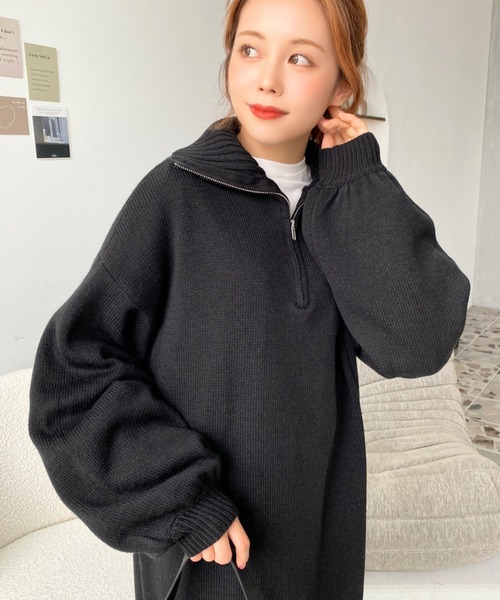 moment+（モーメントプラス）の「6G ハーフジップニットワンピース（ワンピース・レディース・ブラック/アイボリー/モカ/チャコールグレー/ブラウン・FREE/L/M）」の7枚目の写真