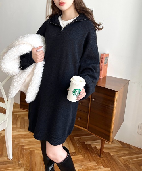 moment+（モーメントプラス）の「6G ハーフジップニットワンピース（ワンピース・レディース・ブラック/アイボリー/モカ/チャコールグレー/ブラウン・FREE/L/M）」の14枚目の写真