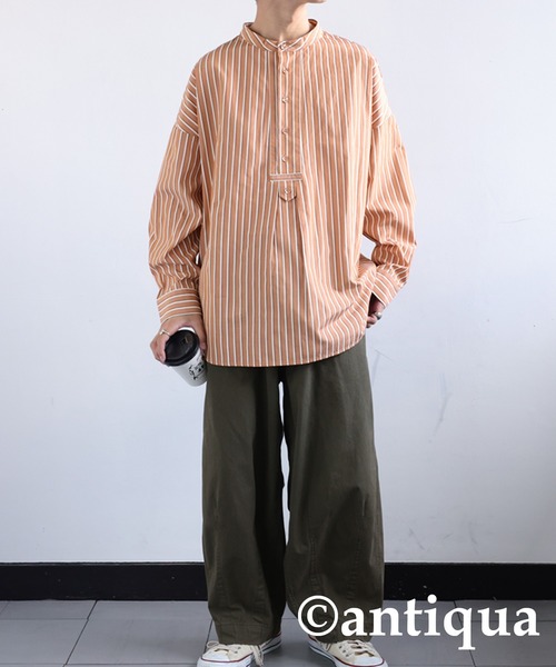 antiqua（アンティカ）の「レトロストライプシャツ（シャツ/ブラウス・レディース・ネイビー/オレンジ・FREE）」の4枚目の写真
