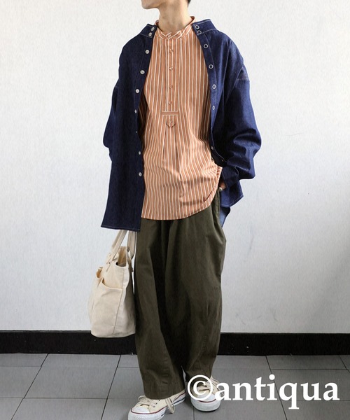 antiqua（アンティカ）の「レトロストライプシャツ（シャツ/ブラウス・レディース・ネイビー/オレンジ・FREE）」の3枚目の写真