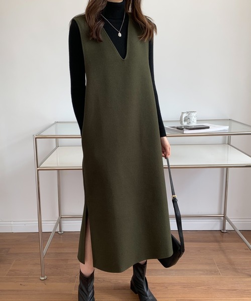 ECLIN（エクラン）の「メルトンサイドスリットVネックジャンパースカート（ジャンパースカート・レディース・アイボリー/ブラウン/カーキ/ベージュ/ブラック・FREE）」の5枚目の写真