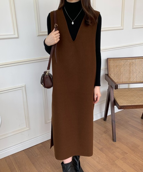 ECLIN（エクラン）の「メルトンサイドスリットVネックジャンパースカート（ジャンパースカート・レディース・アイボリー/ブラウン/カーキ/ベージュ/ブラック・FREE）」の19枚目の写真