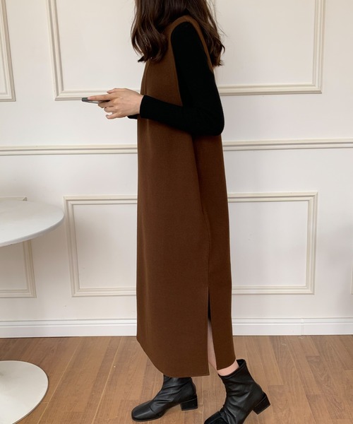 ECLIN（エクラン）の「メルトンサイドスリットVネックジャンパースカート（ジャンパースカート・レディース・アイボリー/ブラウン/カーキ/ベージュ/ブラック・FREE）」の14枚目の写真