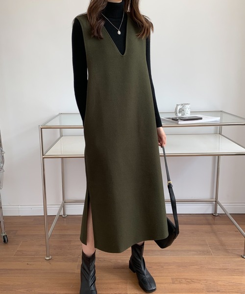 ECLIN（エクラン）の「メルトンサイドスリットVネックジャンパースカート（ジャンパースカート・レディース・アイボリー/ブラウン/カーキ/ベージュ/ブラック・FREE）」の17枚目の写真