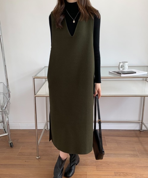 ECLIN（エクラン）の「メルトンサイドスリットVネックジャンパースカート（ジャンパースカート・レディース・アイボリー/ブラウン/カーキ/ベージュ/ブラック・FREE）」の12枚目の写真