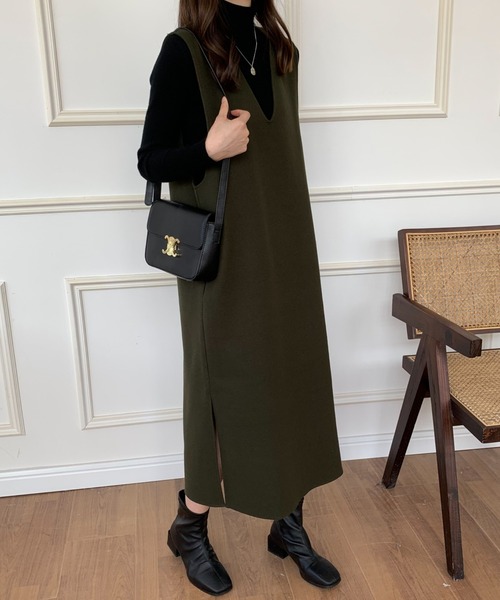 ECLIN（エクラン）の「メルトンサイドスリットVネックジャンパースカート（ジャンパースカート・レディース・アイボリー/ブラウン/カーキ/ベージュ/ブラック・FREE）」の7枚目の写真