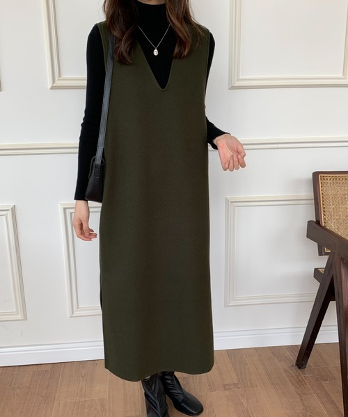 ECLIN（エクラン）の「メルトンサイドスリットVネックジャンパースカート（ジャンパースカート・レディース・アイボリー/ブラウン/カーキ/ベージュ/ブラック・FREE）」の13枚目の写真