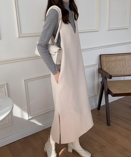 ECLIN（エクラン）の「メルトンサイドスリットVネックジャンパースカート（ジャンパースカート・レディース・アイボリー/ブラウン/カーキ/ベージュ/ブラック・FREE）」の15枚目の写真