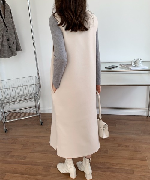 ECLIN（エクラン）の「メルトンサイドスリットVネックジャンパースカート（ジャンパースカート・レディース・アイボリー/ブラウン/カーキ/ベージュ/ブラック・FREE）」の10枚目の写真