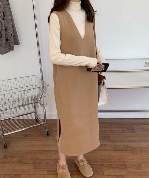 ECLIN（エクラン）の「メルトンサイドスリットVネックジャンパースカート（ジャンパースカート・レディース・アイボリー/ブラウン/カーキ/ベージュ/ブラック・FREE）」の16枚目の写真