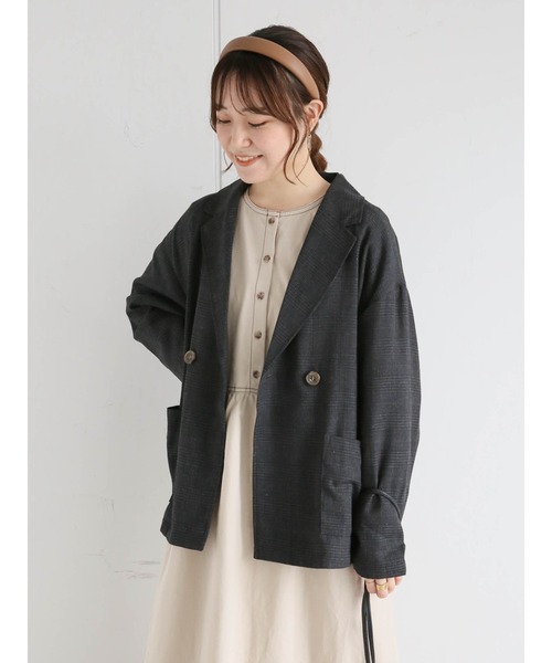ehka sopo（エヘカソポ）の「グレンチェックテーラードジャケット(セットアップ可)（ノーカラージャケット・レディース・ブラウン/グレー/チャコール・ﾌﾘ-）」の2枚目の写真
