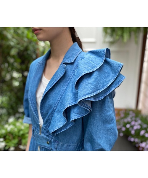 完売商品❗️pium デニム フリル付きワンピース pium ティアードフリルミニワンピース デニム - メルカリ