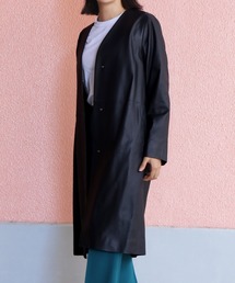 ラムレザーノーカラーロングコート