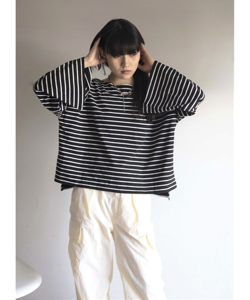 Yucca(ユッカ)の「ボーダーフレアスリーブT(Tシャツ/カットソー・レディース・ブラック/オフホワイト/ピンク・FREE)」の12枚目の写真