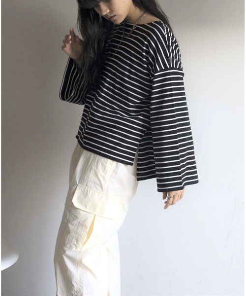 Yucca(ユッカ)の「ボーダーフレアスリーブT(Tシャツ/カットソー・レディース・ブラック/オフホワイト/ピンク・FREE)」の14枚目の写真