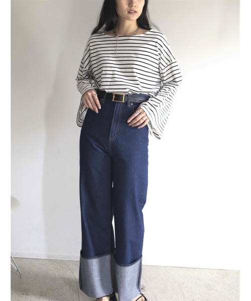 Yucca(ユッカ)の「ボーダーフレアスリーブT(Tシャツ/カットソー・レディース・ブラック/オフホワイト/ピンク・FREE)」の5枚目の写真