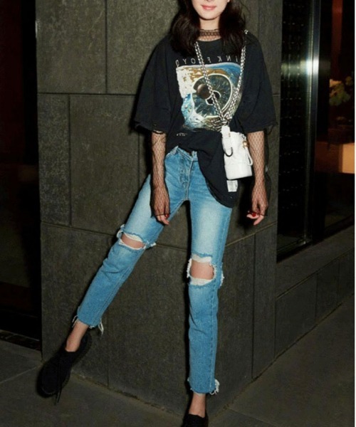 i-dare(アイディア)の「【i-dare】ダイヤ柄 格子柄 シースルー シアー トップス(Tシャツ/カットソー・レディース・アイボリー/ホワイト/ブラック・FREE)」の6枚目の写真