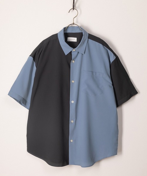 SlashDate（スラッシュデイト）の「アムンゼン切替配色シャツ/レギュラーカラー/梨地/ビッグシルエット（シャツ/ブラウス・メンズ・グリーン/ブルー/パープル系その他/パープル/グレー/ブラック・M/L/XL）」の5枚目の写真