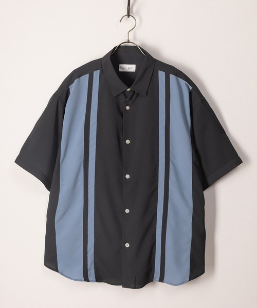 SlashDate（スラッシュデイト）の「アムンゼン切替配色シャツ/レギュラーカラー/梨地/ビッグシルエット（シャツ/ブラウス・メンズ・グリーン/ブルー/パープル系その他/パープル/グレー/ブラック・M/L/XL）」の2枚目の写真