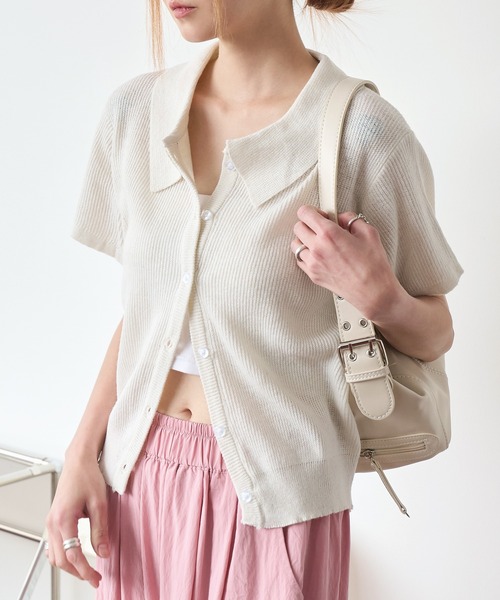 UNE MANSION(ユヌマンション)の「【MDおすすめ大人気アイテム!】カラーネック半袖リブニットカーディガン(カーディガン/ボレロ・レディース・スカイブルー/ブラック/ベージュ/グレー/ピンク・FREE)」の3枚目の写真