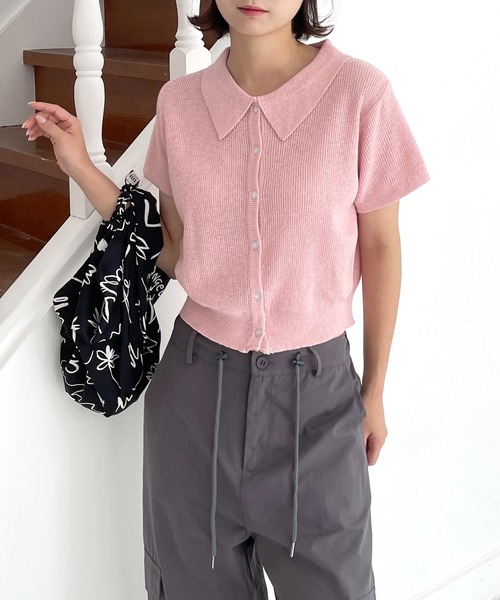 UNE MANSION(ユヌマンション)の「【MDおすすめ大人気アイテム!】カラーネック半袖リブニットカーディガン(カーディガン/ボレロ・レディース・スカイブルー/ブラック/ベージュ/グレー/ピンク・FREE)」の5枚目の写真