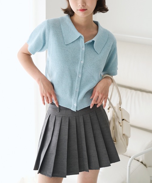 UNE MANSION(ユヌマンション)の「【MDおすすめ大人気アイテム!】カラーネック半袖リブニットカーディガン(カーディガン/ボレロ・レディース・スカイブルー/ブラック/ベージュ/グレー/ピンク・FREE)」の4枚目の写真