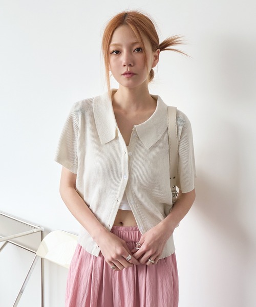 UNE MANSION(ユヌマンション)の「【MDおすすめ大人気アイテム!】カラーネック半袖リブニットカーディガン(カーディガン/ボレロ・レディース・スカイブルー/ブラック/ベージュ/グレー/ピンク・FREE)」の7枚目の写真