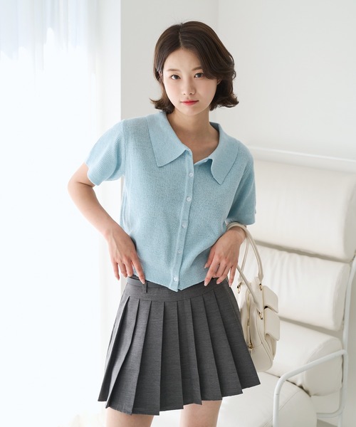 UNE MANSION(ユヌマンション)の「【MDおすすめ大人気アイテム!】カラーネック半袖リブニットカーディガン(カーディガン/ボレロ・レディース・スカイブルー/ブラック/ベージュ/グレー/ピンク・FREE)」の6枚目の写真