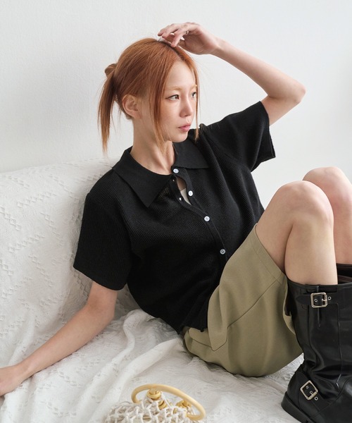 UNE MANSION(ユヌマンション)の「【MDおすすめ大人気アイテム!】カラーネック半袖リブニットカーディガン(カーディガン/ボレロ・レディース・スカイブルー/ブラック/ベージュ/グレー/ピンク・FREE)」の10枚目の写真