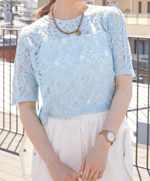 w closet(ダブルクローゼット)の「袖ラインレースプルオーバー(Tシャツ/カットソー・レディース・オフホワイト/ブラック/ブルー・FREE)」の3枚目の写真