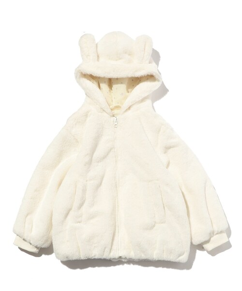 SHOO・LA・RUE(シューラルー)の「◆【110-140cm】フェイクファー耳つきパーカ(ブルゾン・キッズ・チャコールグレー/アイボリー・11/12/13/14)」の4枚目の写真