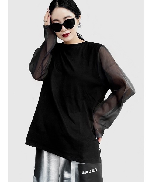 LVEU.(ラブユ.)の「【LVEU.】コットンドッキングシアートップス / トップス カットソー シフォン シアー シースルー 長袖 ブラック ホワイト(Tシャツ/カットソー・レディース・ホワイト/ブラック・FREE)」の2枚目の写真