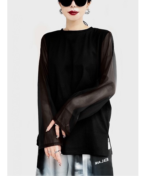 LVEU.(ラブユ.)の「【LVEU.】コットンドッキングシアートップス / トップス カットソー シフォン シアー シースルー 長袖 ブラック ホワイト(Tシャツ/カットソー・レディース・ホワイト/ブラック・FREE)」の10枚目の写真