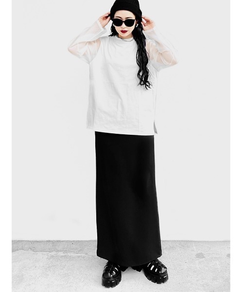 LVEU.(ラブユ.)の「【LVEU.】コットンドッキングシアートップス / トップス カットソー シフォン シアー シースルー 長袖 ブラック ホワイト(Tシャツ/カットソー・レディース・ホワイト/ブラック・FREE)」の12枚目の写真