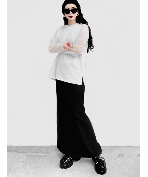 LVEU.(ラブユ.)の「【LVEU.】コットンドッキングシアートップス / トップス カットソー シフォン シアー シースルー 長袖 ブラック ホワイト(Tシャツ/カットソー・レディース・ホワイト/ブラック・FREE)」の13枚目の写真
