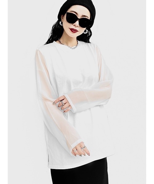 LVEU.(ラブユ.)の「【LVEU.】コットンドッキングシアートップス / トップス カットソー シフォン シアー シースルー 長袖 ブラック ホワイト(Tシャツ/カットソー・レディース・ホワイト/ブラック・FREE)」の14枚目の写真