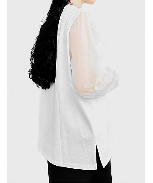 LVEU.(ラブユ.)の「【LVEU.】コットンドッキングシアートップス / トップス カットソー シフォン シアー シースルー 長袖 ブラック ホワイト(Tシャツ/カットソー・レディース・ホワイト/ブラック・FREE)」の16枚目の写真