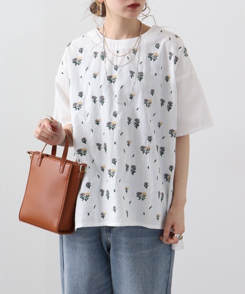 配色切替え刺繍ブラウス emago レディース トップス 半袖 大人の ナチュラル カジュアル イマゴ 花 ゆったりめ 楽天市場】配色切替え刺繍ブラウス emago レディース トップス