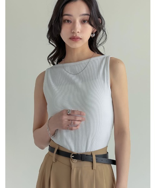 Re:EDIT（リエディ）の「[新色追加]ボートネックリブタンクトップ（タンクトップ・レディース・チャコールグレー/ブラック/ホワイト×ブラック/ホワイト/レッド・MEDIUM/LARGE）」の3枚目の写真