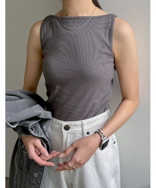 Re:EDIT（リエディ）の「[新色追加]ボートネックリブタンクトップ（タンクトップ・レディース・チャコールグレー/ブラック/ホワイト×ブラック/ホワイト/レッド・MEDIUM/LARGE）」の6枚目の写真