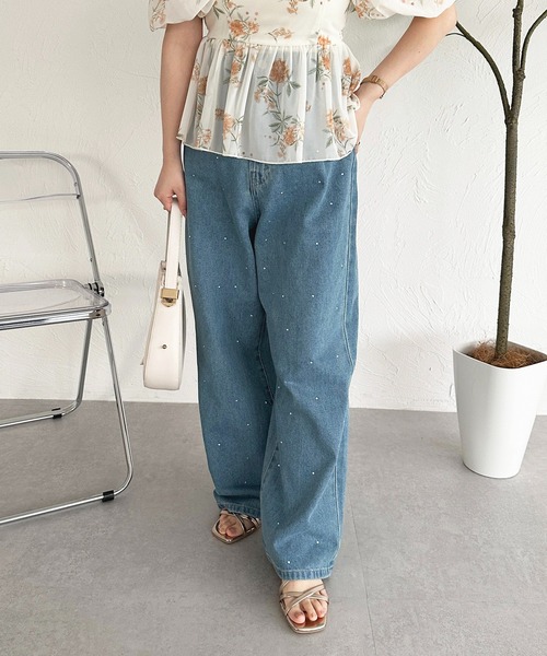 セール】ハイウエストラインストーンデニムパンツ【ZOZOTOWN限定
