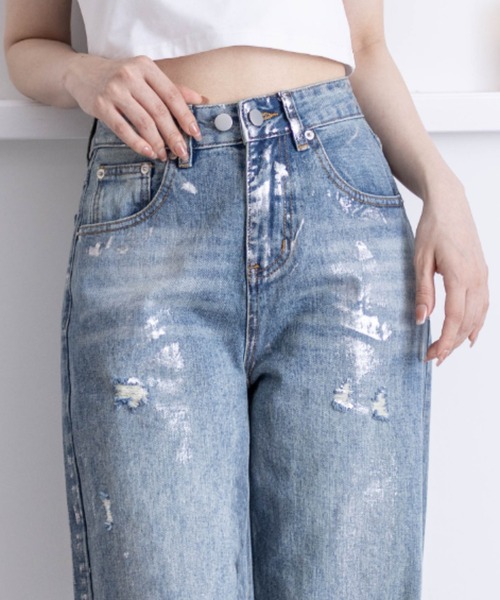 clear（クリア）の「【低身長サイズ有】箔プリントダメージストレートデニムパンツ[着回し抜群 ストリート]≪2024AW新作≫（デニムパンツ・レディース・ブルー/ブラック・M/S/XS）」の17枚目の写真