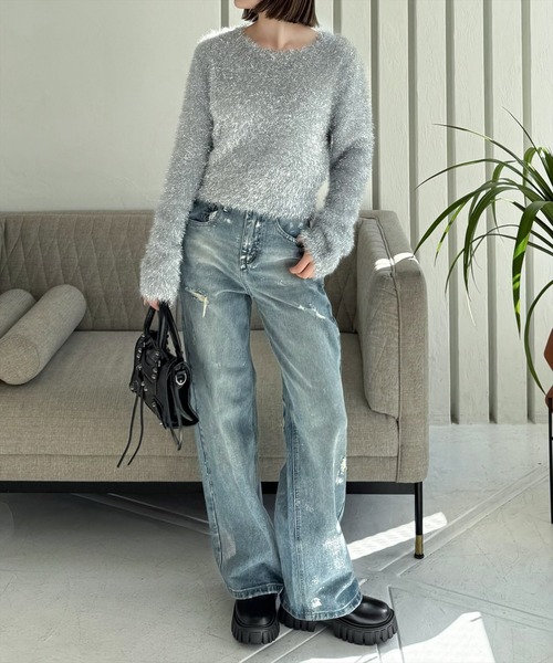 clear（クリア）の「【低身長サイズ有】箔プリントダメージストレートデニムパンツ[着回し抜群 ストリート]≪2024AW新作≫（デニムパンツ・レディース・ブルー/ブラック・M/S/XS）」の4枚目の写真