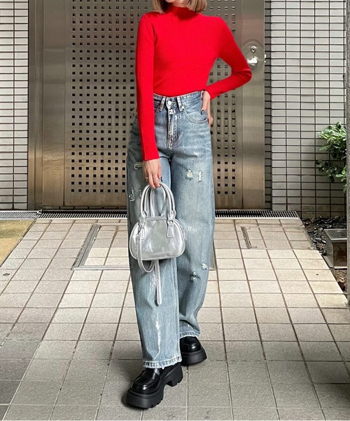 clear（クリア）の「【低身長サイズ有】箔プリントダメージストレートデニムパンツ[着回し抜群 ストリート]≪2024AW新作≫（デニムパンツ・レディース・ブルー/ブラック・M/S/XS）」の6枚目の写真