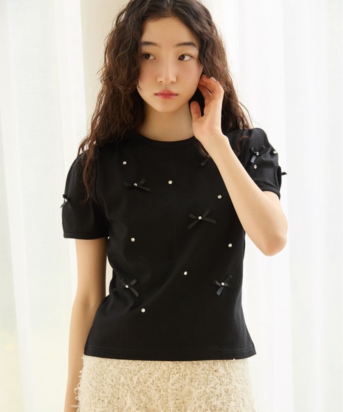 LILY BROWN（リリーブラウン）の「[L.B CANDY STOCK]ビジューリボンＴシャツ（Tシャツ/カットソー・レディース・ホワイト/ライトブルー/ブラック・FREE）」の3枚目の写真