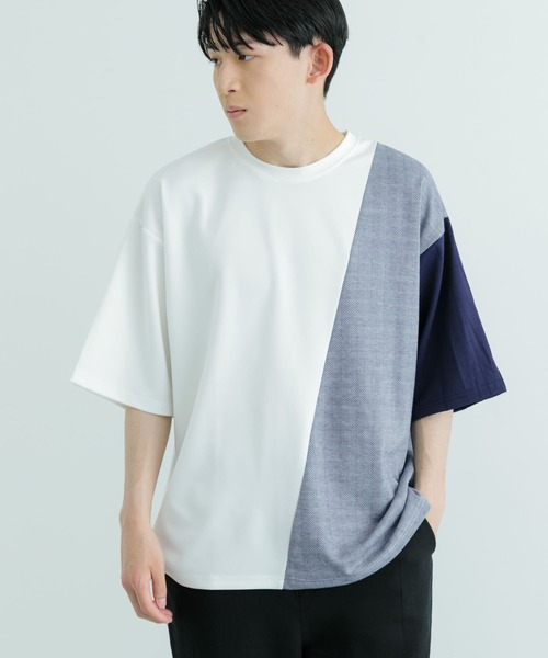 ITEMS URBANRESEARCH(アイテムズ アーバンリサーチ)の「ヘリンボーンドッキング 半袖Tops(Tシャツ/カットソー・メンズ・ブラック/ホワイト/グレー・LARGE/MEDIUM)」の2枚目の写真