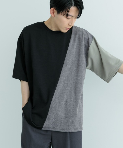 ITEMS URBANRESEARCH(アイテムズ アーバンリサーチ)の「ヘリンボーンドッキング 半袖Tops(Tシャツ/カットソー・メンズ・ブラック/ホワイト/グレー・LARGE/MEDIUM)」の1枚目の写真