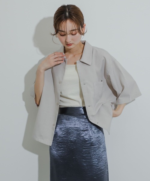 SENSE OF PLACE by URBAN RESEARCH（センスオブプレイスバイアーバンリサーチ）の「『イージーケア/セットアップ対応/ユニセックス』リネンライクボクシーシャツ(5分袖)（シャツ/ブラウス・メンズ・ライトベージュ/チャコールグレー/パープル/ライトブルー・MEDIUM/LARGE）」の9枚目の写真